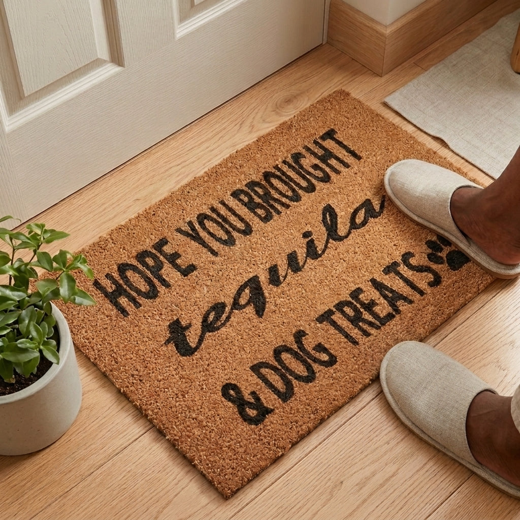 Hope you brought Tequila & Dog Treats |  Welcome Home Doormat| Front door Doormat