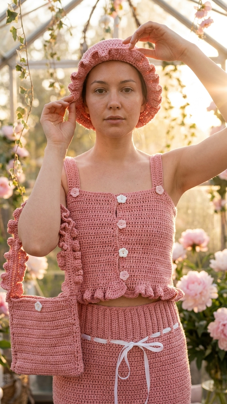 Handmade Crochet Outfit | Hat Top Bottom purse | PINK & White Crochet Yarn colors