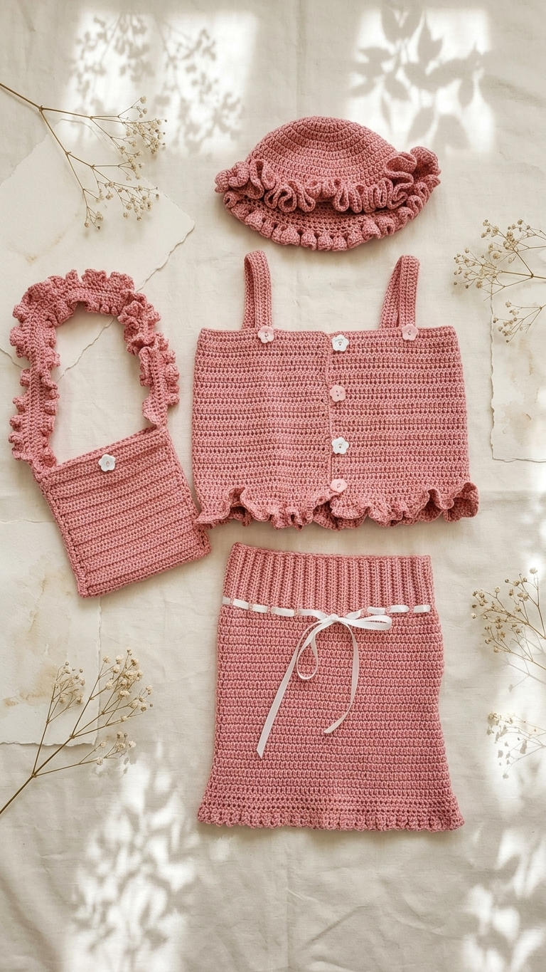 Handmade Crochet Outfit | Hat Top Bottom purse | PINK & White Crochet Yarn colors