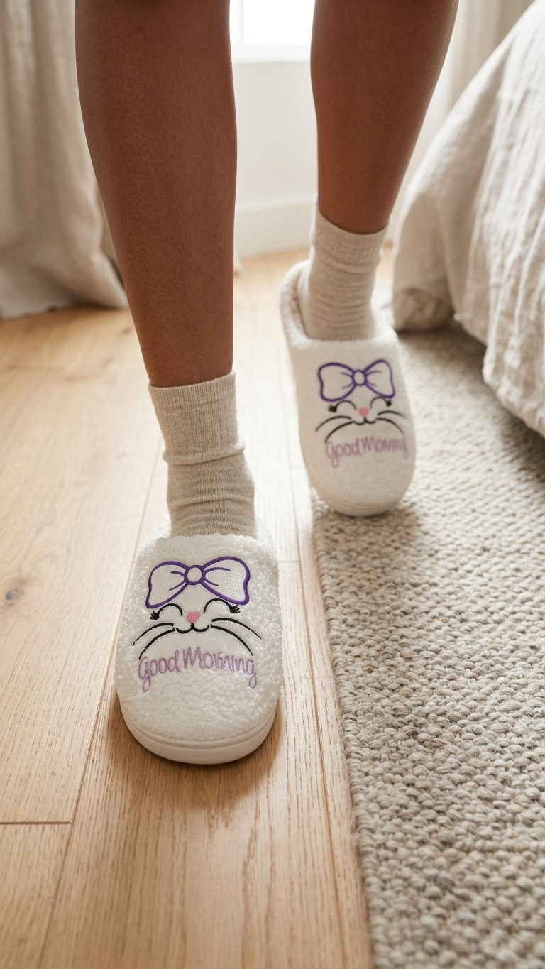 Embroidered bedroom slip on slippers |Good Morning Kitty