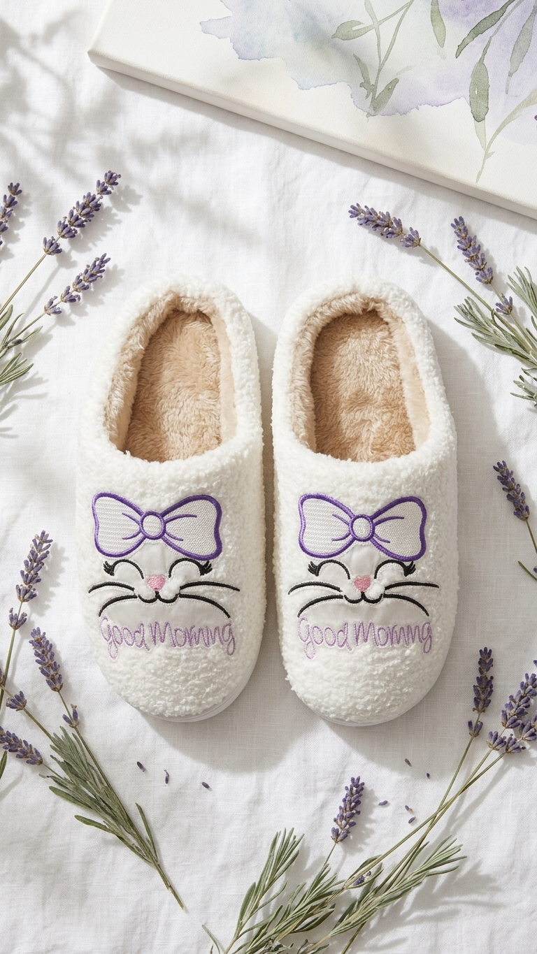 Embroidered bedroom slip on slippers |Good Morning Kitty